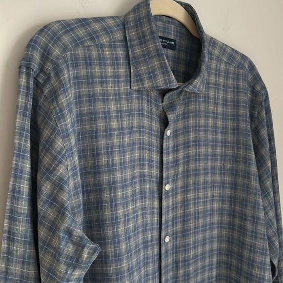 Peter Millar Blue Plaid 100% Linen Button-Up Shirt Mens Long Sleeve Size Large - Picture 3 of 11